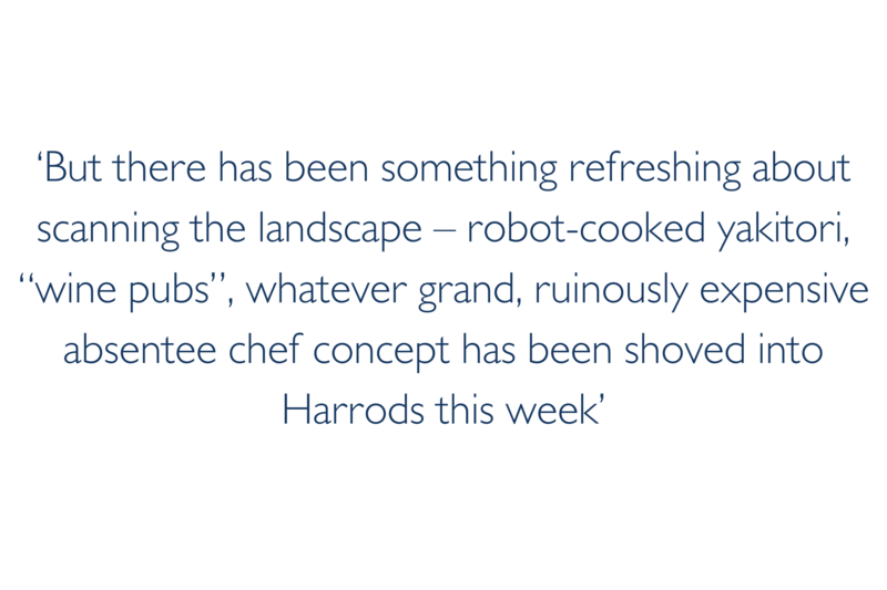 Stylised quote: 'But there has been something refreshing about scanning the landscape - robot-cooked yakitori,